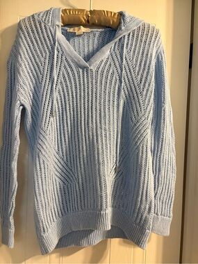 MICHAEL Michael Kors Light Blue Open-Knit V-Neck Hoodie Sweater